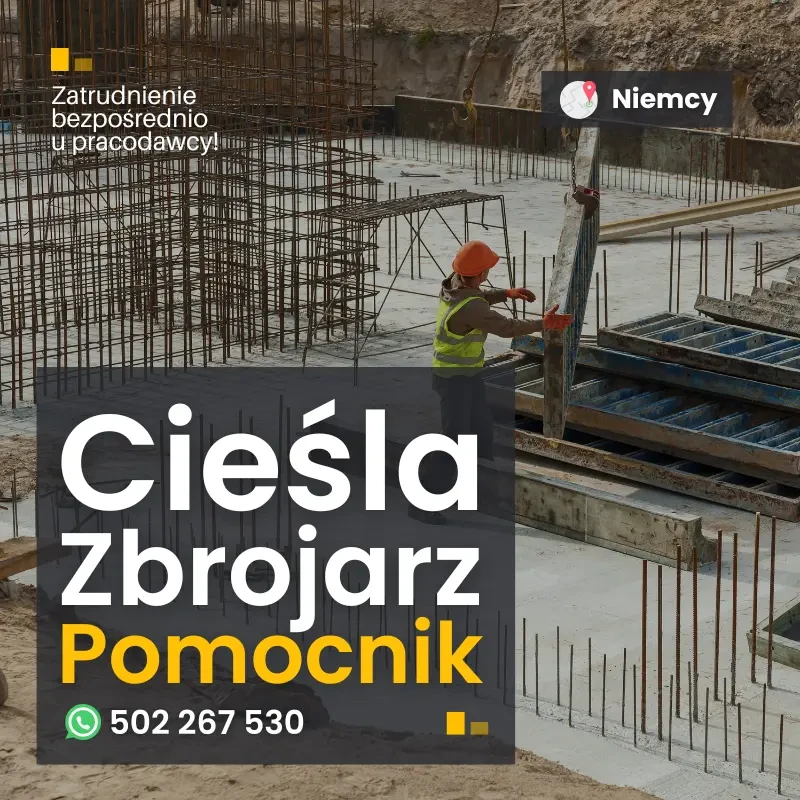 Cieśla szalunkowy/Zbrojarz/Pomocnik szalunkowy – praca Niemcy.